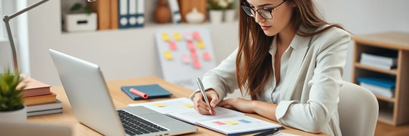 Woman creating a blog content calendar to avoid blogging mistakes beginners make.