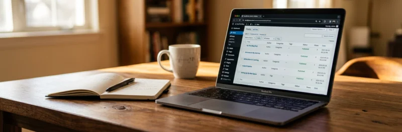 Laptop on a warm walnut home office desk displaying the WordPress posts dashboard with published posts showing very low view counts as a result of common blogging mistakes