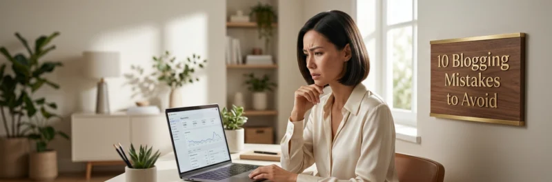 Female blogger reviewing poor blog performance on a laptop next to a sign reading blogging mistakes.