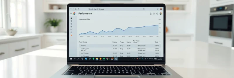 Laptop on a bright white kitchen island displaying a Google Search Console performance graph showing flat early traffic then a clear upward growth trend representing the reward for avoiding blogging mistakes
