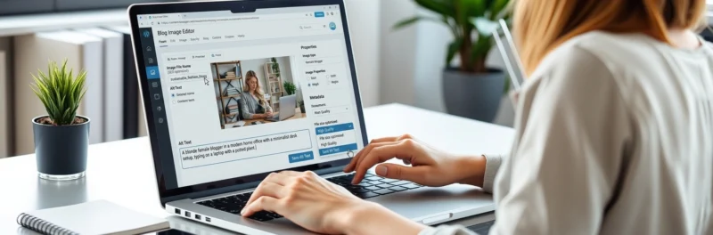 Female blogger optimizing image SEO settings on a laptop to improve blog traffic.