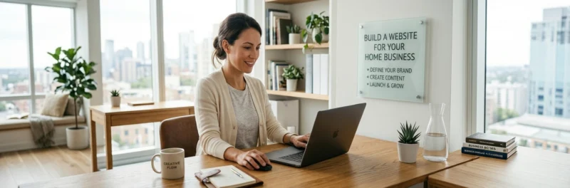Professional woman using a laptop to build a website for your home business in a bright home office.