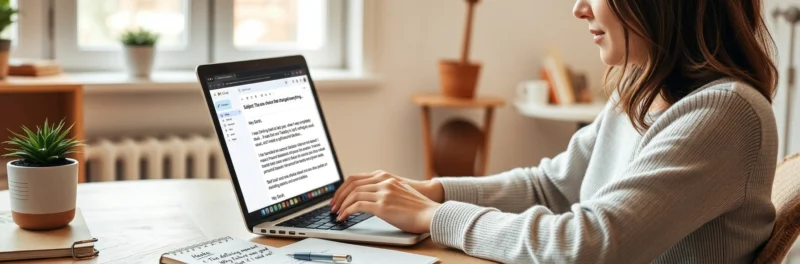 Woman writing catchy email subject lines and story-based email content on a laptop.