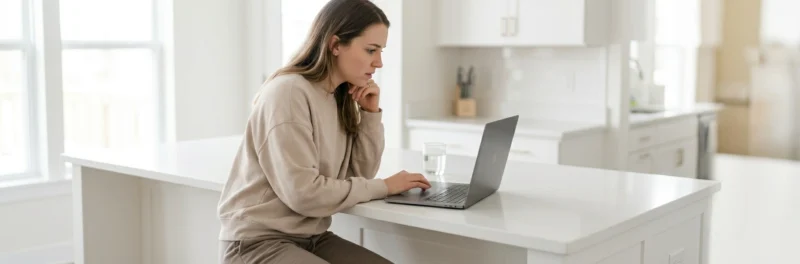 Woman in casual home working clothes sitting at a bright white kitchen island looking at the Rank Math SEO plugin showing a low score and incomplete checklist representing common blogging mistakes