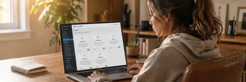 Woman in casual home working clothes at a warm walnut home office desk with laptop showing the Rank Math modules dashboard with essential modules enabled as part of how to configure Rank Math for WordPress