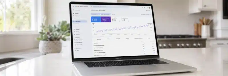 Laptop on a bright white kitchen island displaying Google Search Console performance data with multiple related keyword phrases ranking and an upward trending graph showing the results of content cluster SEO