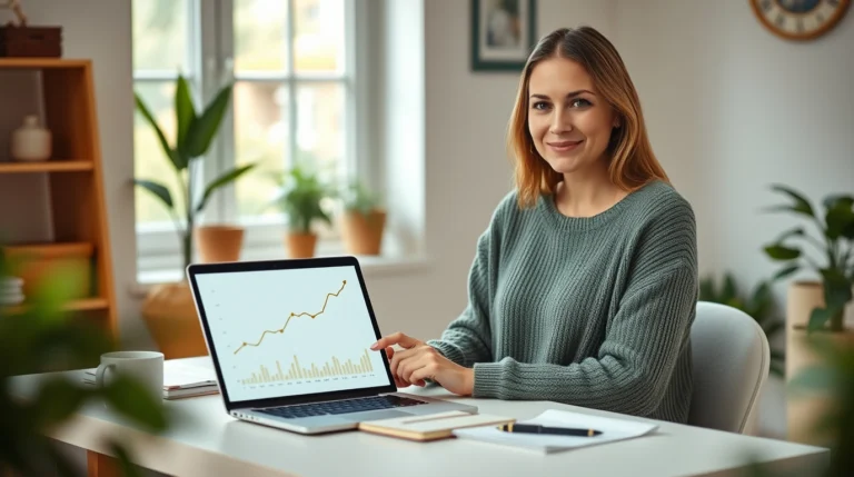 A successful blogger tracking email subscriber growth in a professional home office.