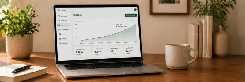 Laptop displaying an email subscriber growth graph as part of email list building strategies