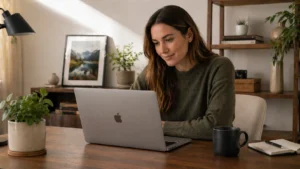 Laptop on a home office desk displaying an email subscriber growth dashboard as part of email list building strategies