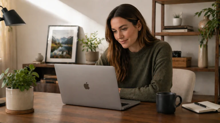 Laptop on a home office desk displaying an email subscriber growth dashboard as part of email list building strategies