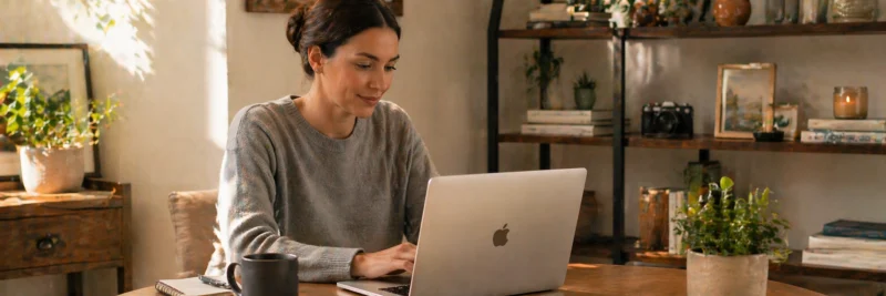 Woman at desk viewing a blog post with an embedded email signup form as part of email list building tips