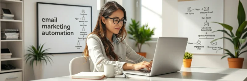 Professional woman creating email marketing automation on a laptop in a bright home office.
