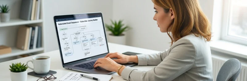 Woman creating automated email workflows on a laptop in a bright home office.