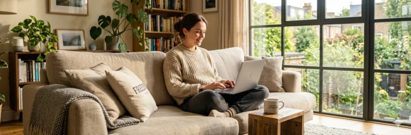 A relaxed woman managing her email marketing automation from her comfortable living room.