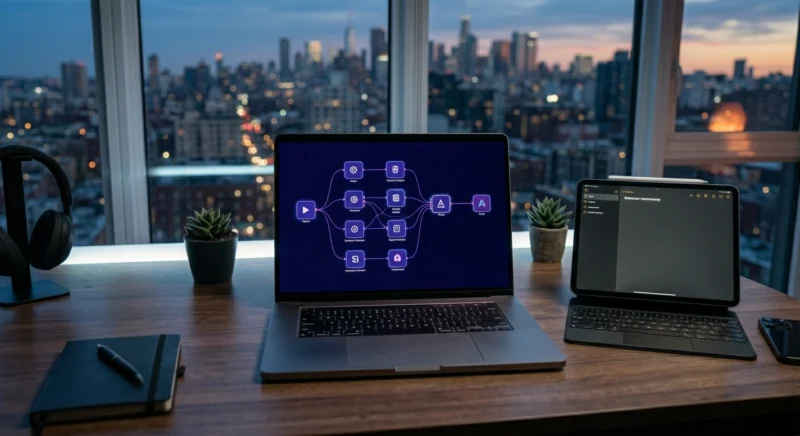A sophisticated home office showing a visual email marketing automation workflow on a laptop screen.