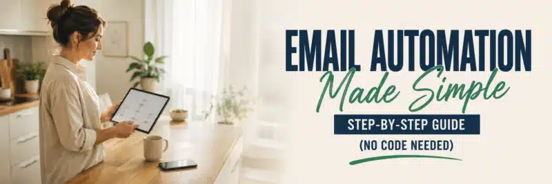 Woman standing at a kitchen counter setting up email marketing automation on a tablet