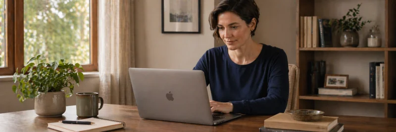 Woman at desk viewing an email automation workflow on a laptop as part of email marketing software comparison