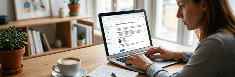 Woman writing an email newsletter on a laptop as part of her email newsletter strategy.