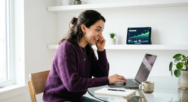 A creator in a purple sweater successfully optimizing her email subject line formula for better open rates.