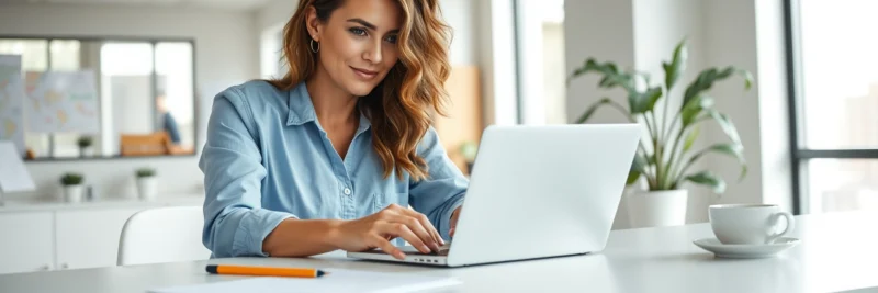 Woman comparing email campaign subject line test results on a laptop in a bright office.