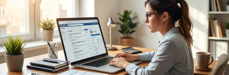 Woman searching for entry level remote bookkeeping jobs on a laptop in a bright home office.