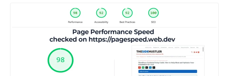This screenshot displays the Google PageSpeed Insights results for my website, achieving a 95+ score on both mobile and desktop, which is crucial for proving it is the fastest budget WordPress hosting option. This is the performance section of my Hostinger review.