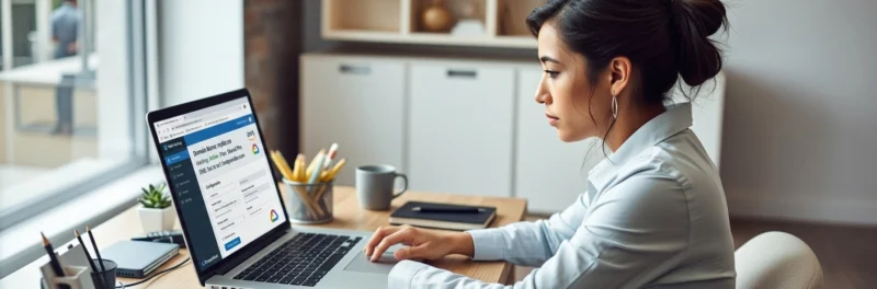 Woman setting up hosting and a domain name for a new home business website on her laptop.