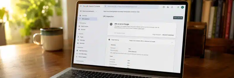 Laptop on a warm walnut home office desk displaying the Google Search Console URL inspection tool with the Request Indexing button visible as the key step to get new blog posts indexed fast