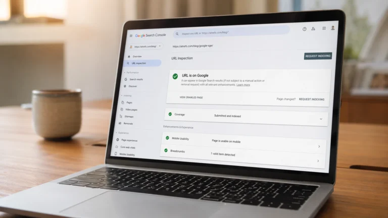 Laptop on a warm walnut home office desk displaying the Google Search Console URL inspection tool with a URL is on Google confirmation message as part of a guide to get new blog posts indexed fast