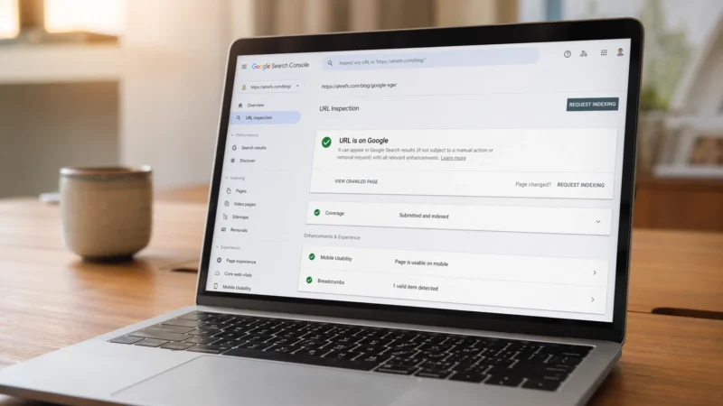 Laptop on a warm walnut home office desk displaying the Google Search Console URL inspection tool with a URL is on Google confirmation message as part of a guide to get new blog posts indexed fast