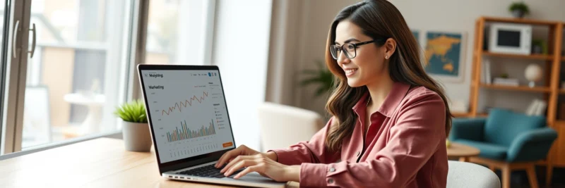 Woman checking website traffic and marketing performance on a laptop in a home office.