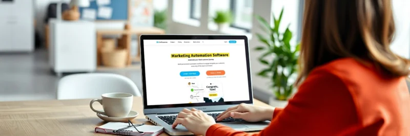 Woman creating automated email workflows on a laptop using GetResponse automation tools.