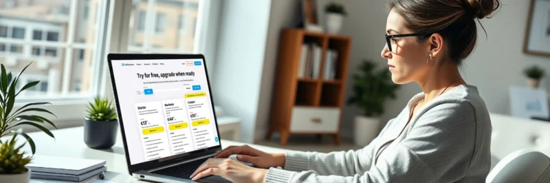 Woman comparing GetResponse pricing plans on a laptop in a bright home office.