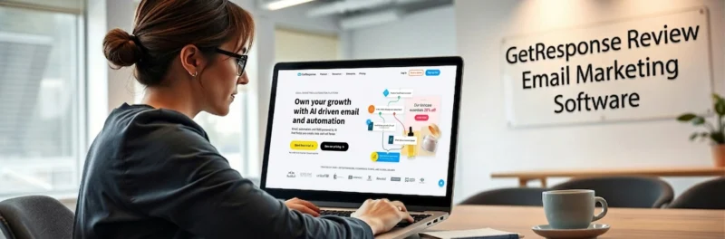 Professional woman reviewing GetResponse on a laptop next to a sign reading getresponse review.
