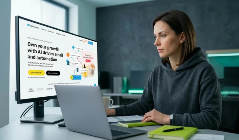 A professional marketer analyzing GetResponse automation workflows on dual monitors.