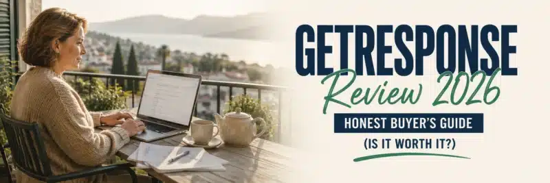 Woman reviewing GetResponse on a terrace with a laptop, illustrating this getresponse review for 2026