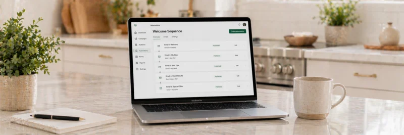 Laptop displaying an email automation sequence used to grow email subscribers