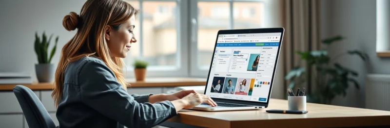 Woman setting up a home business website with a simple hosting dashboard on her laptop.