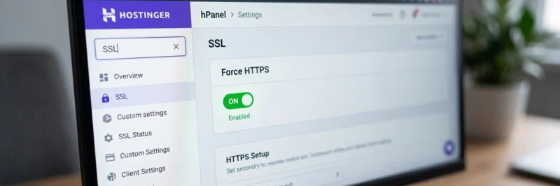 Screenshot of the SSL section within Hostinger hPanel settings, showing the "Force HTTPS" toggle enabled.