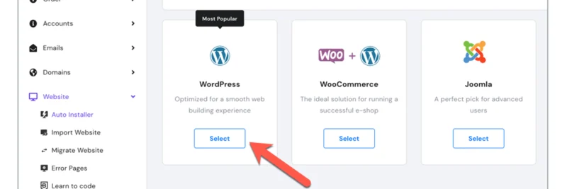 This screenshot demonstrates the ease of use of the Hostinger hPanel "One-Click WordPress Installer," showing the simplified "Auto Installer" page. This removes technical fear for new users.