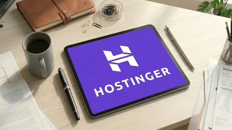 A tablet showing Hostinger logo, illustrating the foundation of a profitable blog.