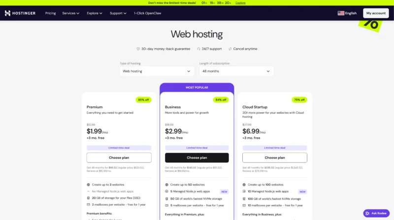 Screenshot of Hostinger's web hosting plans and pricing for a 48-month subscription, showing Premium, Business, and Cloud Startup tiers.