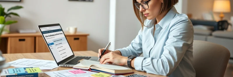 Woman studying bookkeeping from home on a laptop with notes and training materials.