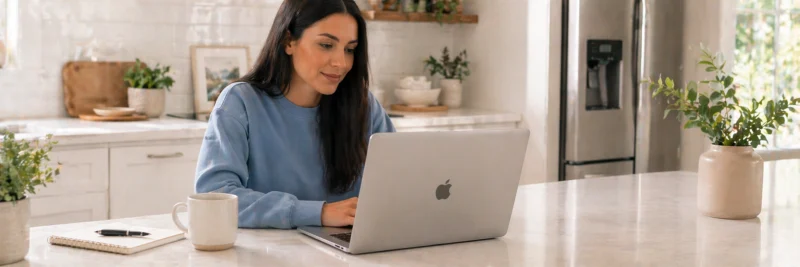 Woman at kitchen island using a laptop displaying a checklist lead magnet for building an email list