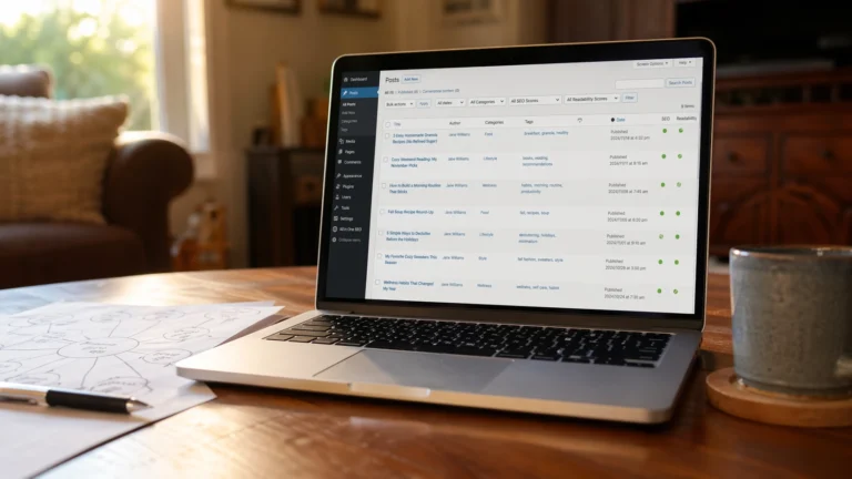 Laptop on a warm living room coffee table displaying the WordPress posts list alongside a hand-drawn topic cluster diagram as part of a guide on how to build topic clusters
