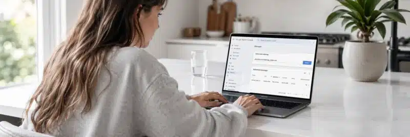 Woman in casual clothes at a bright white kitchen island with laptop showing the Google Search Console sitemaps page with a sitemap successfully submitted as part of how to get blog posts indexed by Google