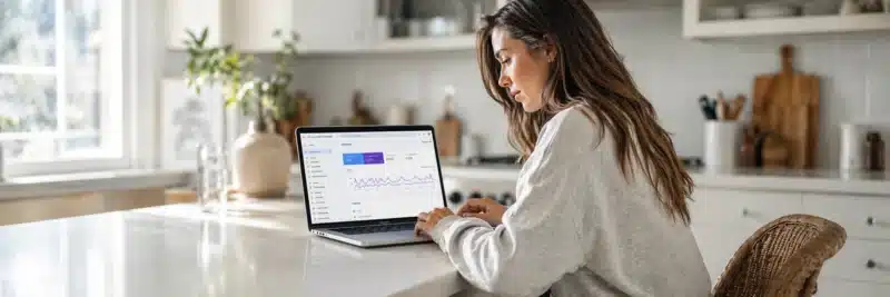 Woman in casual clothes at a bright white kitchen island with laptop showing Google Search Console dashboard as the result of connecting it to Rank Math during setup, illustrating how to set up Rank Math correctly