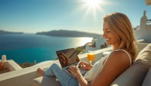 A man enjoying the laptop lifestyle on a sunny Mediterranean balcony, symbolizing the freedom and travel possibilities of starting a blog.