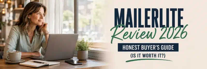 Woman working at a café table on a laptop for this MailerLite review of the email platform's 2026 pricing and features