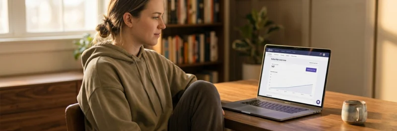 Woman in casual home working clothes sitting at a warm home office desk looking at the Kit ConvertKit email dashboard with a very small early subscriber list representing one of the biggest mistakes new bloggers make